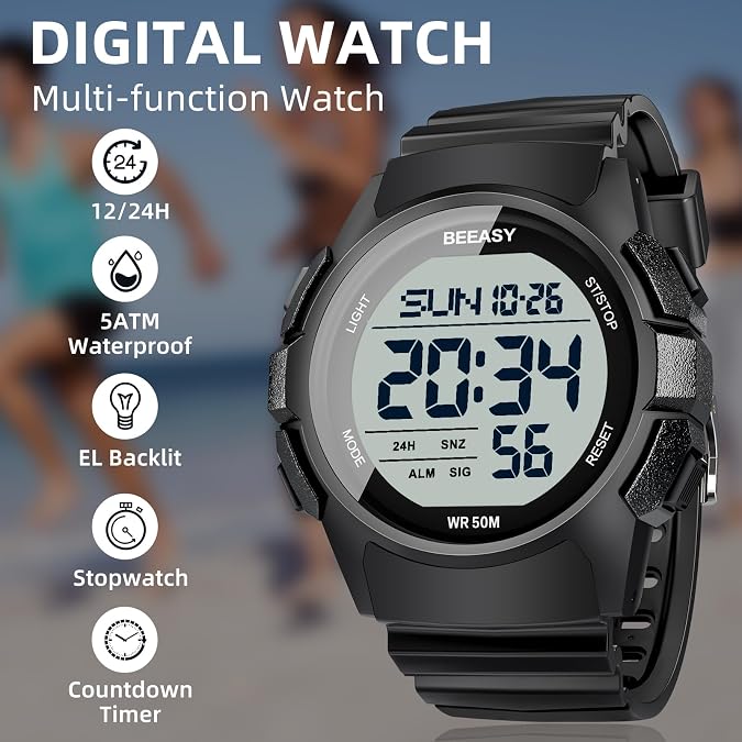 Beeasy Mens Digital Sports Watch, 50M Waterproof 49mm Rubber Strap Mens Watches with Stopwatch, Countdown Timer, Alarm & Dual Time—Ideal for Sport, Gym, Running, Referee, School & Daily Wear