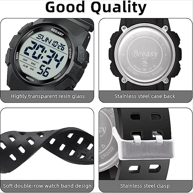 Beeasy Mens Digital Sports Watch, 50M Waterproof 49mm Rubber Strap Mens Watches with Stopwatch, Countdown Timer, Alarm & Dual Time—Ideal for Sport, Gym, Running, Referee, School & Daily Wear