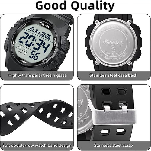 Beeasy Mens Digital Sports Watch, 50M Waterproof 49mm Rubber Strap Mens Watches with Stopwatch, Countdown Timer, Alarm & Dual Time—Ideal for Sport, Gym, Running, Referee, School & Daily Wear