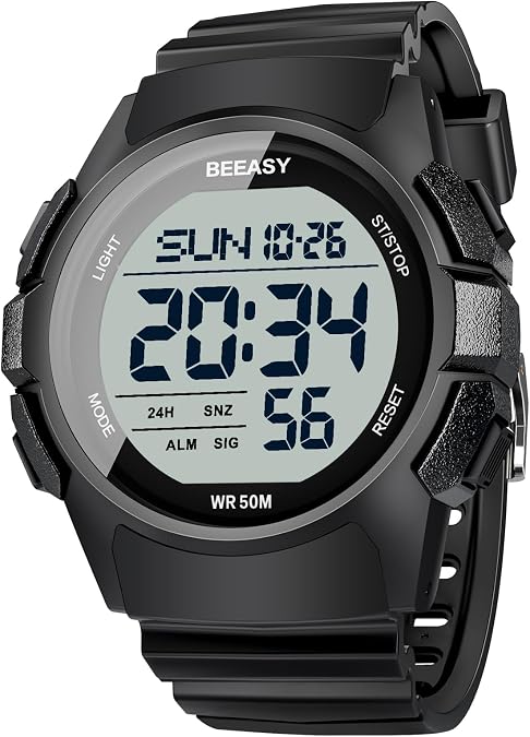 Beeasy Mens Digital Sports Watch, 50M Waterproof 49mm Rubber Strap Mens Watches with Stopwatch, Countdown Timer, Alarm & Dual Time—Ideal for Sport, Gym, Running, Referee, School & Daily Wear