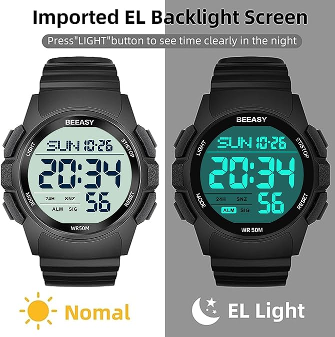Beeasy Mens Digital Sports Watch, 50M Waterproof 49mm Rubber Strap Mens Watches with Stopwatch, Countdown Timer, Alarm & Dual Time—Ideal for Sport, Gym, Running, Referee, School & Daily Wear
