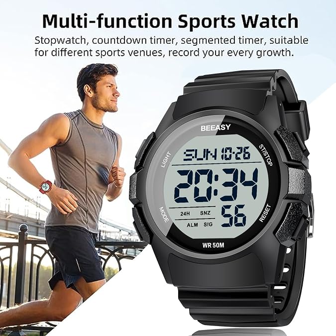 Beeasy Mens Digital Sports Watch, 50M Waterproof 49mm Rubber Strap Mens Watches with Stopwatch, Countdown Timer, Alarm & Dual Time—Ideal for Sport, Gym, Running, Referee, School & Daily Wear