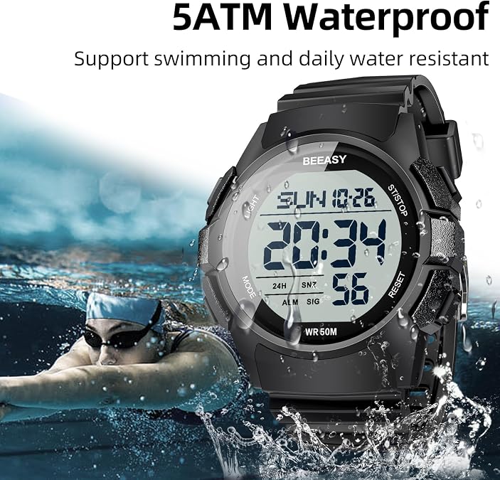 Beeasy Mens Digital Sports Watch, 50M Waterproof 49mm Rubber Strap Mens Watches with Stopwatch, Countdown Timer, Alarm & Dual Time—Ideal for Sport, Gym, Running, Referee, School & Daily Wear